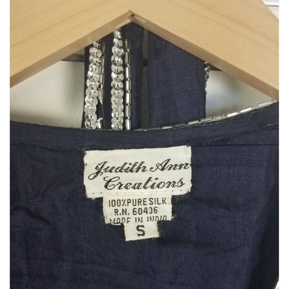 Vintage Judith Ann Creations Sz. S Sequin & Silk 3 Piece Navy & Silver Skirt Set - Picture 2 of 10